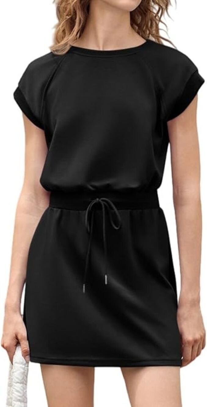 Fisoew Womens Black Athletic Mini Dress Drawstring Waist Cap Sleeve Size S  Copy